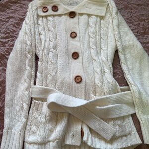 Cream Cable-Knit Button Front Women's Sweater with Waist Tie